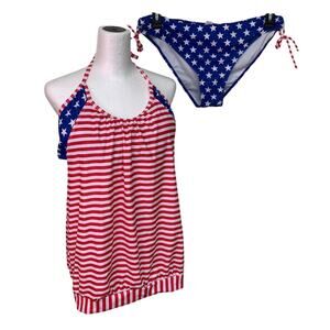 Womens 2XL American Flag Stars Stripes Halter Top 2 Piece Tankini Swimsuit